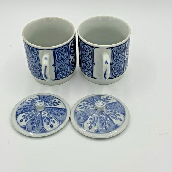 Williams Sonoma IDG Mugs with Lids Saucers Blue White Coffee Tea Cups Set of 2 - Picture 7 of 9